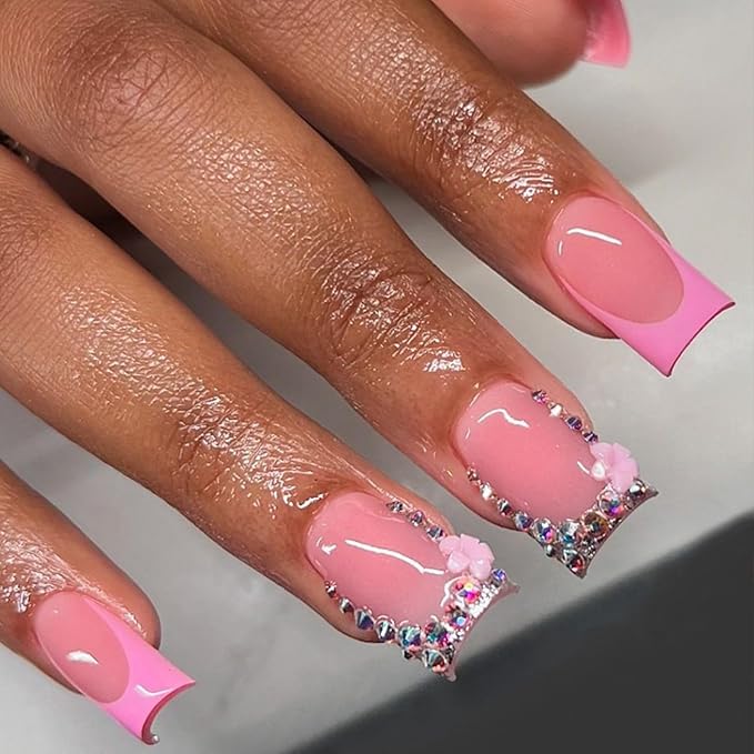 24Pcs Pink Flower Press on Nails Short Square French Tip Fake Nails Colour Rhinestones Design Luxury Shiny False Nails Nude Full Cover Artificial Glue on Nails Spring Nail Supplies for Women DIY Kit