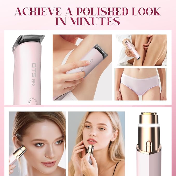 Bikini Trimmer for Women Electric Razor 2 Pack Dual Head Body & Facial Hair Remover -Waterproof USB Rechargeable with Replacement Ceramic Blades, Travel Pouch & Packaging Box(Pink)