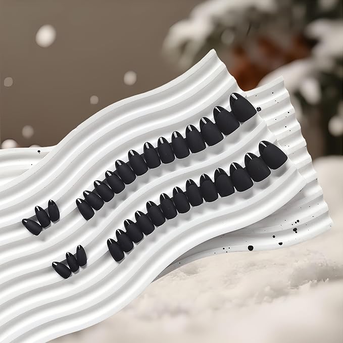 Black French Tip Press on Nails Short Almond Nails Press ons, Short Fake Nails with Matte Finish, Dark French Glue on Nail False Nail for Women Halloween, in 32 Pcs 16 Sizes