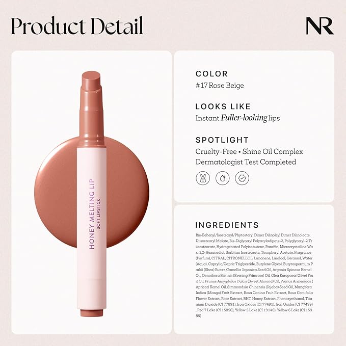Nature Republic HONEY MELTING LIP (17 ROSE BEIGE) SOFT LIP STICK, Hydrating Gloss, Moisturizing balms, Sheer tint, Shine & Nude, Glowy Finish, korean make up, Stocking Stuffers