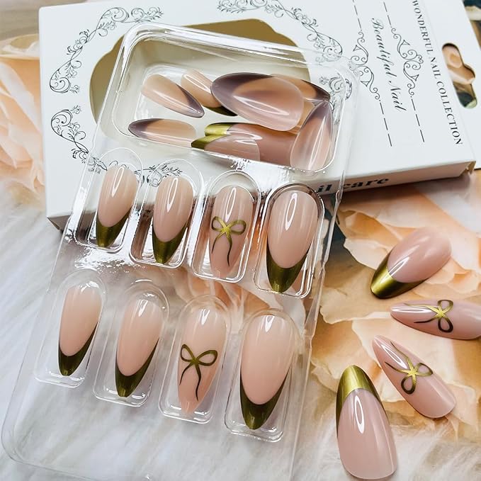 Gold French Tip Press on Nails Almond Medium Fake Nails Bow Glue on Nails Reusable Full Cover Gold Nail Tips Stick on Nails Glossy Nude Pink Acrylic Nails Press ons False Nail for Women Manicure 24Pcs