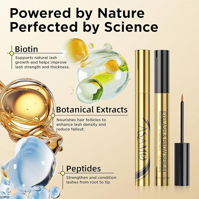 Eyelash Growth Serum & Eyebrow Growth Serum – 15 Plant Extracts with Biotin for Longer, Fuller, Thicker Lashes, Natural Vegan Gentle Nourishing Lash Enhancer (Gold Black)