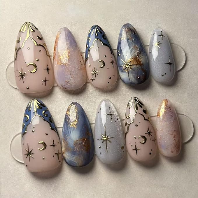 French Tip Press on Nails Short Almond Fake Nails Metal Star Stick on Nail Nude Glitter Acrylic Nails Press on Reusable Gold Moon False Nail Full Cover Glue on Nail for Women Manicure Decor 24Pcs