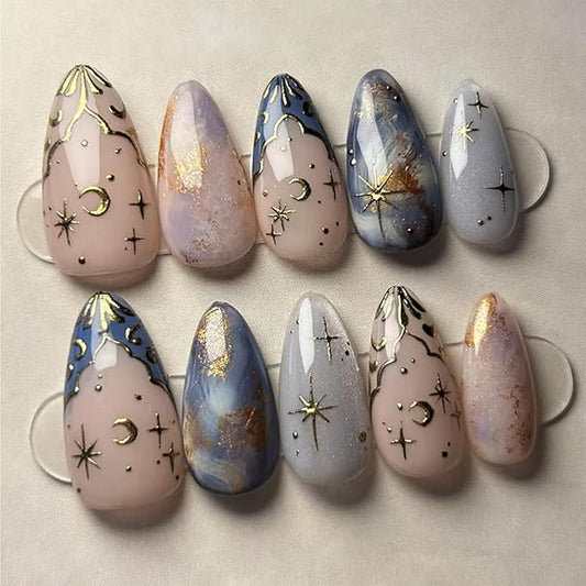 French Tip Press on Nails Short Almond Fake Nails Metal Star Stick on Nail Nude Glitter Acrylic Nails Press on Reusable Gold Moon False Nail Full Cover Glue on Nail for Women Manicure Decor 24Pcs