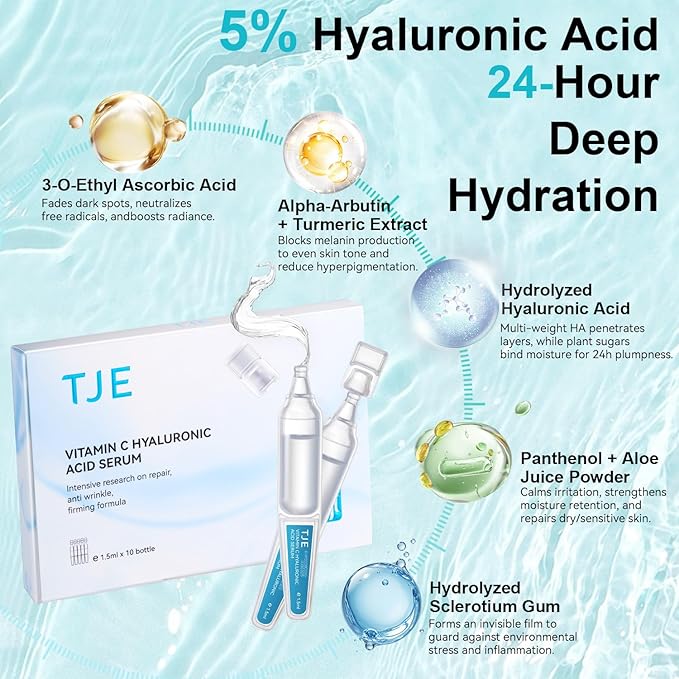TJE Hyaluronic Acid Serum 5% for Face with Vitamin C | Ultra Hydrating Anti-Aging Serum | Moisturizer for Dry & Sensitive Skin | Pre-Makeup Skincare | Innovative Sterile Packaging -10PCS