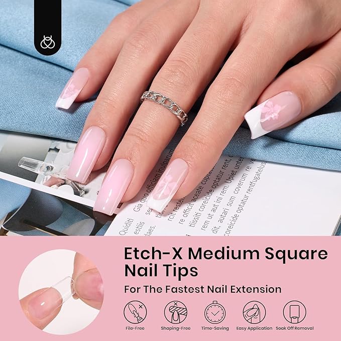 Beetles Gel Nail Tips Etch-X, Square Medium, 288Pcs 12 Sizes, Pre-Etched Half Matte Soft Acrylic False Nail Tips Full Cover Easy DIY Fake Press On Fall Nail Extension Salon Gift for Women