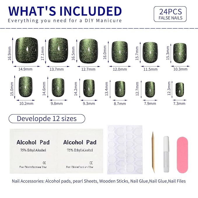 Short Square Press on Nails, Moss Green to Black Gradient Cat Eye Press on Nails with Glue for Women Ashionable Gel False Nails Reusable Acrylic False Nails Women's Glitter Nails Glue On Nails Kit