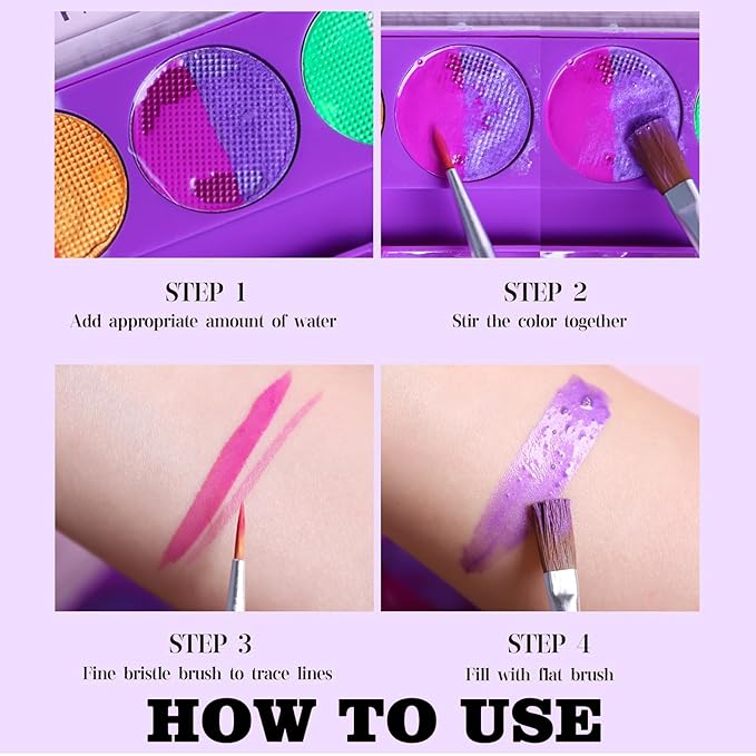 MEICOLY 10 Colors Water Activated Eyeliner Palette, Blue Sally Makeup Neon Face Paint Kit,Colored Retro Halloween Hydra Liner,Matte Graphic Eyeliner, UV Blacklight Fluorescent Glow Face Body Paint,02