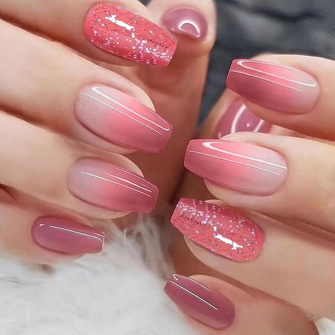 Red Gradient Acrylic Press on Nails Short Coffin False Nails with Glitter Sequins Designs Red Full Cover Stick on Nails Artificial Short Ballerina Fake Nails for Girls & Women 24 Pcs