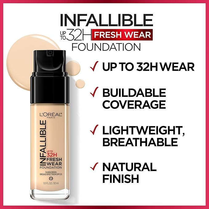 L'Oreal Paris Makeup Infallible Up to 32 Hour Fresh Wear Lightweight Foundation, 482 Radiant Sun, 1 Fl Oz, Packaging May Vary