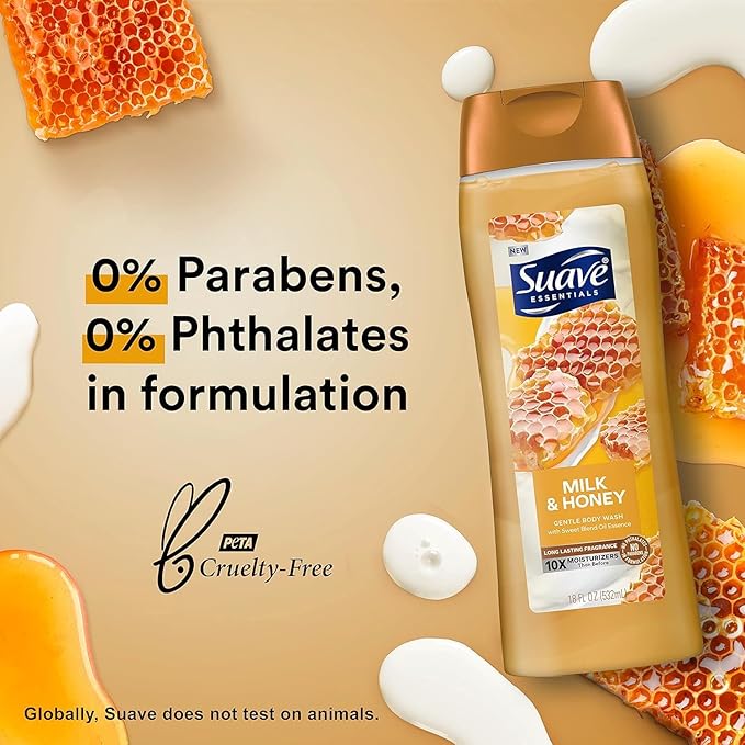 Suave Moisturizing Body Wash, with Milk & Honey and Vitamin E Extract, No Parabens, No Phtahaltes, 18 Oz Pack of 6