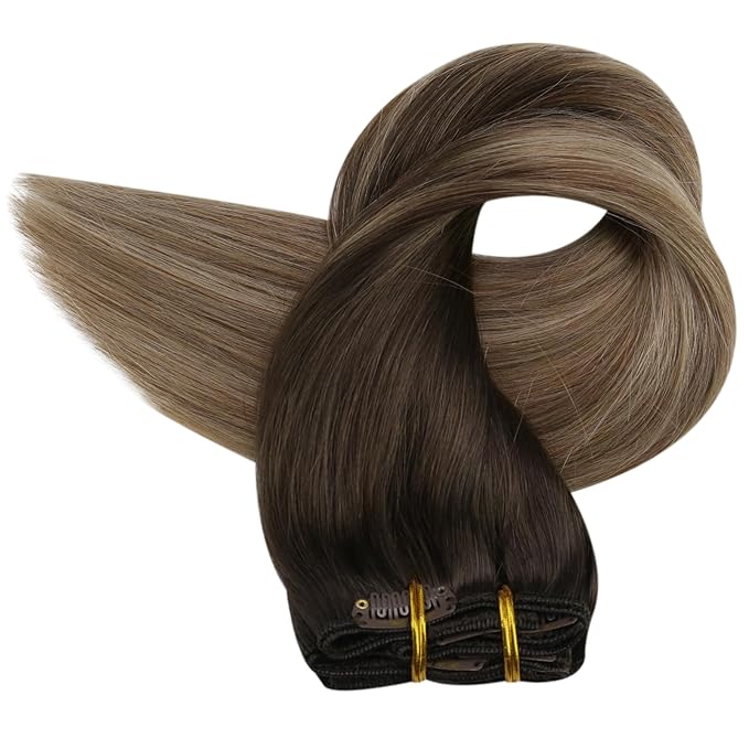 Full Shine Clip in Hair Extensions Ombre Human Hair Dark Brown to Ash Brown With Blonde Real Hair Extensions Clip ins 14 Inch 7 Pcs 120 G