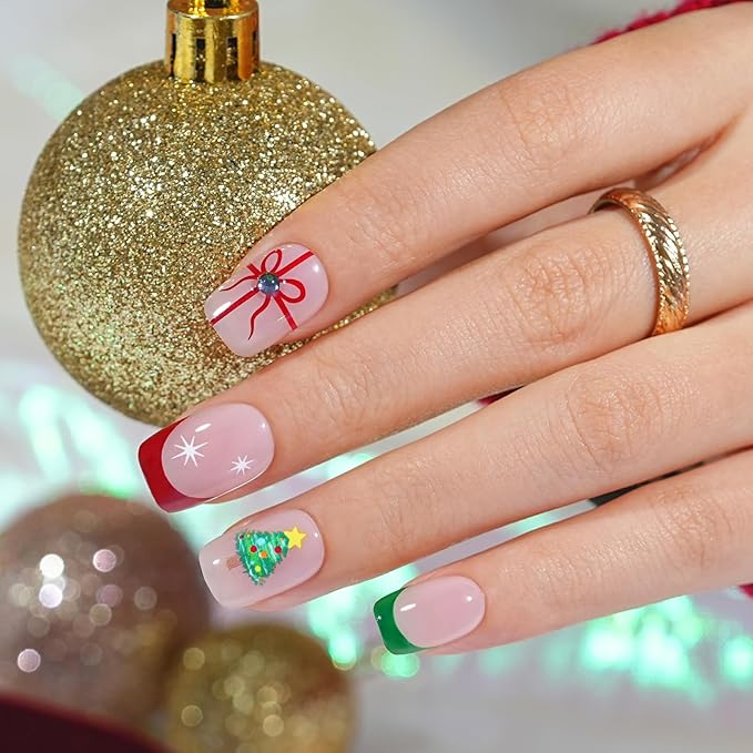 Christmas Press On Nails Short - Jofay Fashion French Tip Press On Nails Square for Gifts, Stick On Nails with Glue, Glossy Reusable Nail Tips in 16 Sizes - 32Pcs Soft Gel Fake Nails Kit