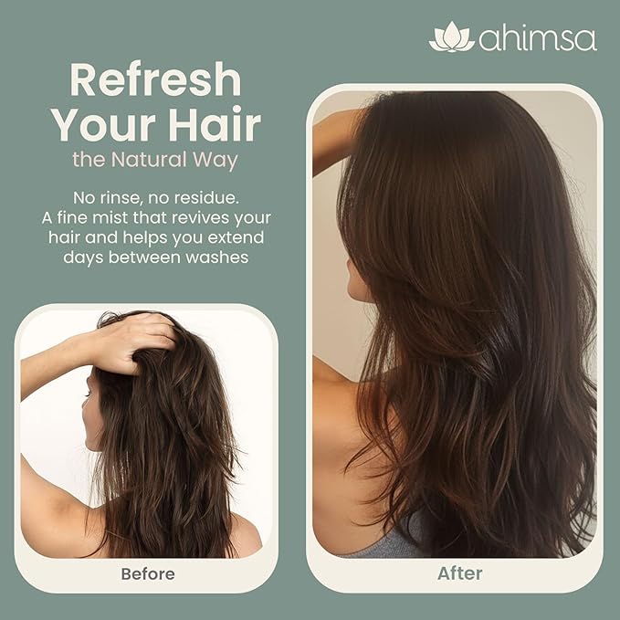 Ahimsa Dry Shampoo Mist Spray 120ml - Non-Aerosol Post-Workout Dry Shampoo Spray for Women Natural No White Residue, Volumizing Refreshing Hair Care, Effectively Absorbs Oil and Sweat, Jasmine Aroma