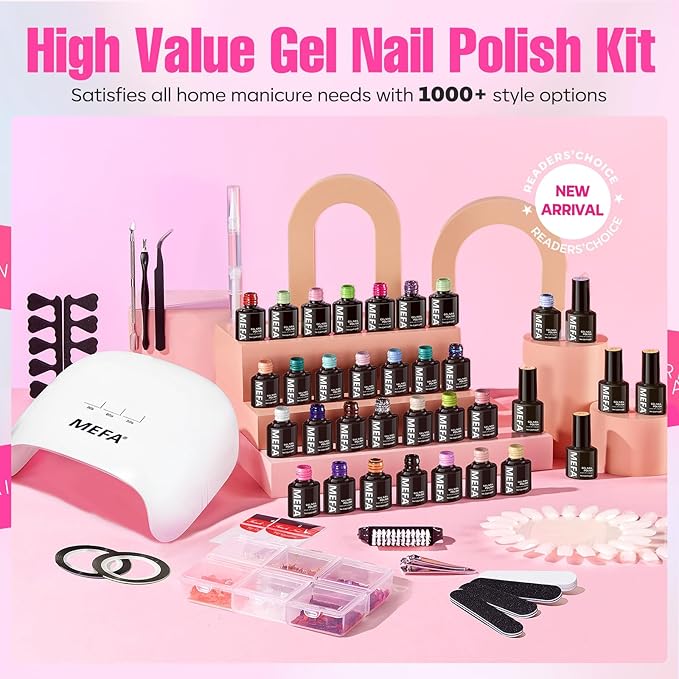 MEFA 32 Colors Gel Nail Polish Kit with U V Light, Spring Bright Pastel 60Pcs Pink Gel Polish Nail Set with Matte/Glossy Base Top Coat Essential Manicure Tools Nails Art Decorations Women Gifts