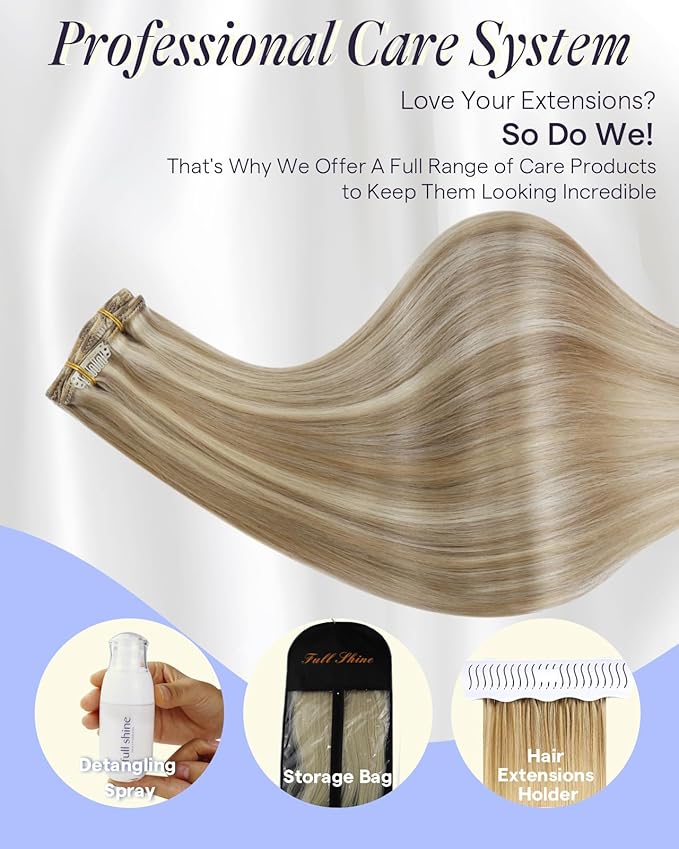 Full Shine Human Hair Clip in Extensions Highlights 24 Inch Golden Blonde Mix Light Blonde Clip in Real Hair Extensions for Women 7 Pcs 150 G