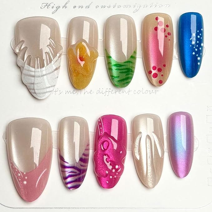 30Pcs Colorful Summer Press on Nails Medium Almond Fake Nails with 3D Shell Design Pink White Purple French Tip False Nails Y2K Blush Glitter Full Cover Glossy Stick on Nails for Women Decor