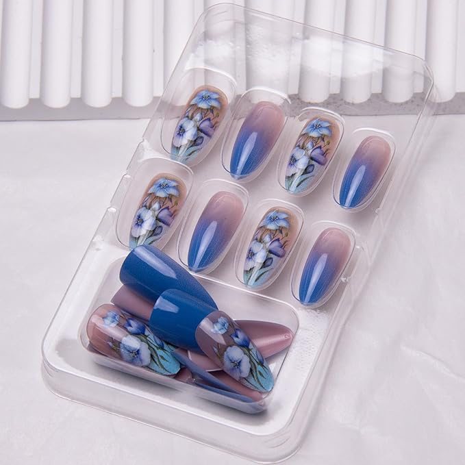 Flowers Press on Nails Medium Almond Fake Nails Blue Floral False Nails Ombre Acrylic Nails with Designs Gradient Artificial Nails for Women Girls Manicure Art Decoration