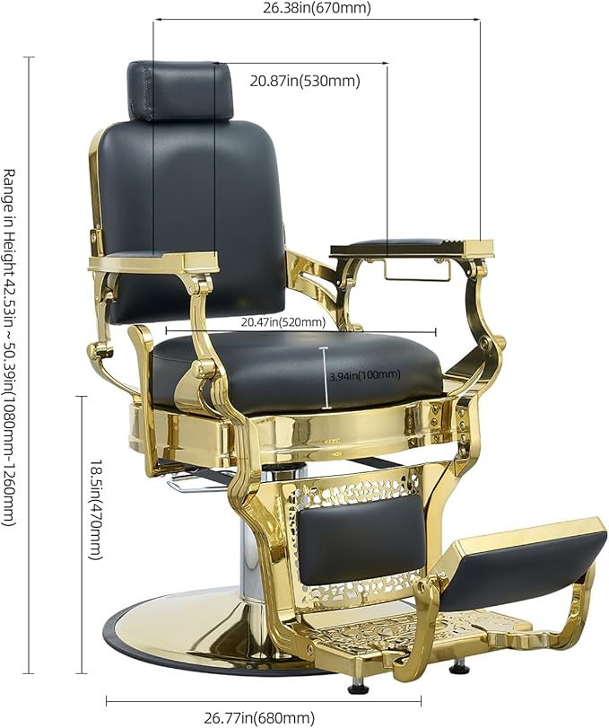 FRNIMAC Heavy Duty Barber Chair, All Purpose Vintage Style Mens Barber Chair Hydraulic Recline Salon Chair Barbershop Equipment for Beauty Spa Tatoo Massage, Weight Capacity 700lbs (Black-Golden)