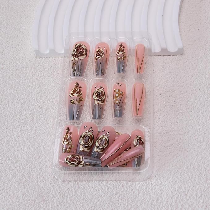 Coffin Press on Nails Medium Square Fake Nails 3D Flower Acrylic Nails Ombre Line Designs Glossy False Nails Glue on Nails Spring Artificial Nails for Women Girls Manicure 24Pcs