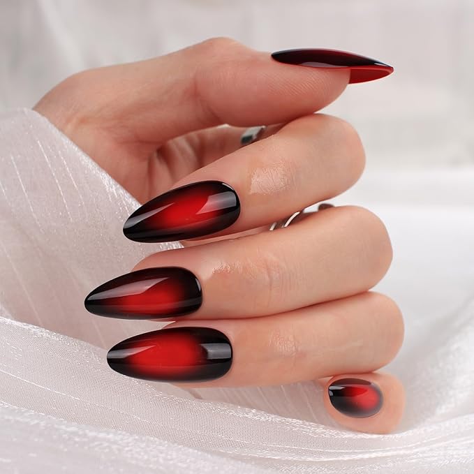 Medium Almond Press On Nails – Red and Black Gradient Glossy Acrylic Fake Nails, 24PCS Reusable Stick On Nails Kit with Glue & Tools for Women, Shiny Vampire Ombre Nails for Party & Everyday Wear