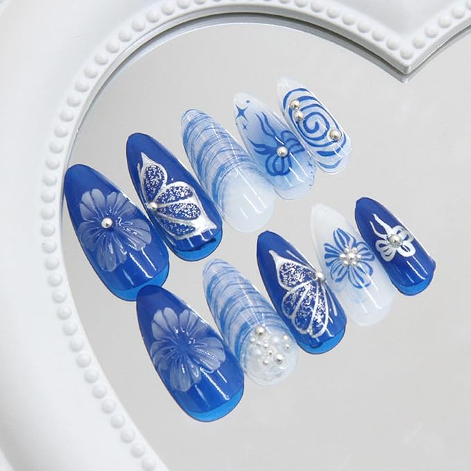 24Pcs Blue Almond Press on Nails Medium Fake Nails 3D Rhinestones Design Press on Nails Tips Butterfly Flower Pattern Full Cover Artificial Glue on Nails False Nail Cute Stick on Nail for Women