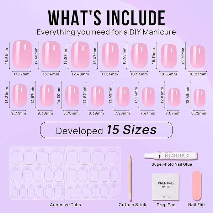 BTArtbox Press On Nails Short - Square Press On Nail, Pink Chrome Nail Tips Glue On Nails with Nail Glue, Reusable Stick On Nails in 15 Sizes - 30 Soft Gel Fake Nails Kit, Lotus Glazed