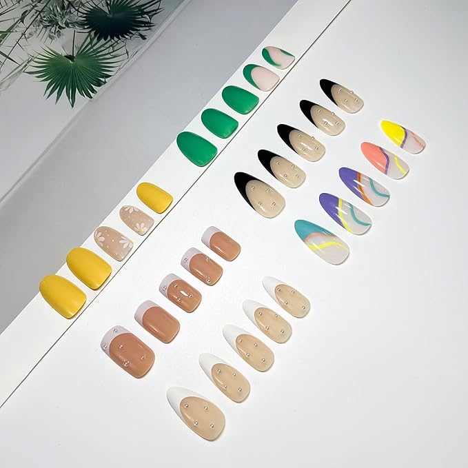6 Packs (144 Pcs) Press on Nails, Jsiallye French Tip Press on Nails Almond Square with Pearl, Flower Swirl Press on Nails, Glue on Nails in 12 Sizes - 24 Fake Nails Kit, Stick on Nails for Women