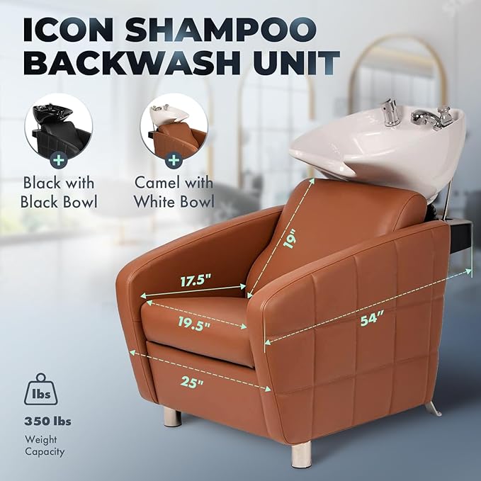 Buy-Rite Icon Shampoo Backwash Unit for Salons & Barbers, Extra Wide Seat, Tilting Porcelain Sink, Lumbar Support, Camel Vinyl Upholstery, YLG-192-BW, White Bowl