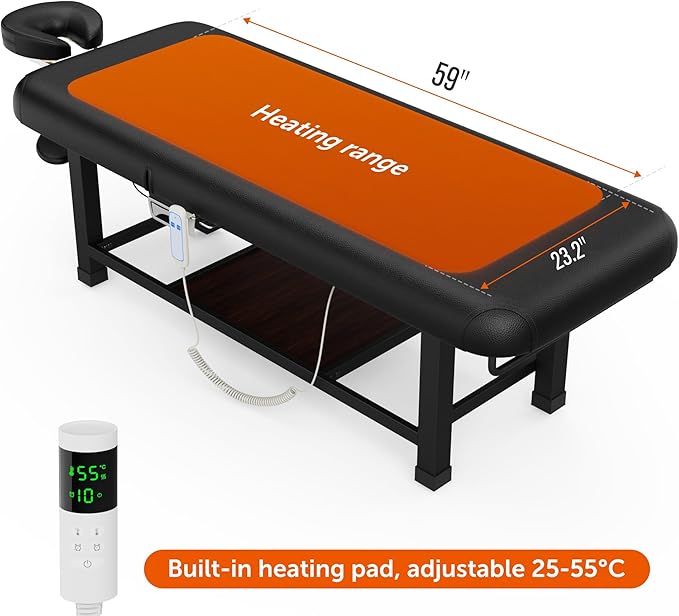 pouseayar Heating Function Heavy Duty Electric Stationary Massage Table with Backrest Adjustable and Storage Space for Treatment/Medical Spa/Facial/Beauty/Massage Bed - 30 x 75 - Black