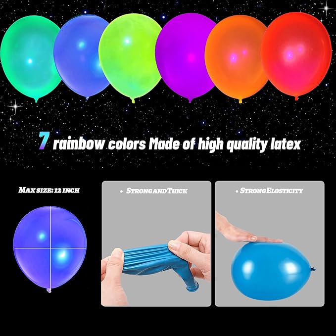 200 Pcs UV Neon Balloons, 7 Colors Blacklight Reactive Fluorescent Balloons Glow in the Dark Birthday Decorations for Birthday, Wedding, Neon Party, Glow Party Decorations Supplies