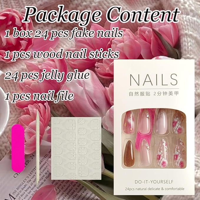 24Pcs Flower Press on Nails Medium Almond Fake Nails Peach Blossom Press ons 3D Rhinestones Pearl Design Luxury Pink Glue on Nails Spring Artificial Stick on Nails Cute Acrylic False Nails Decoration