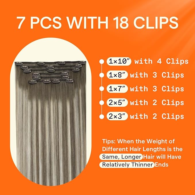 Full Shine Clip in Human Hair Extensions 20 Inch Seamless Clip in Extensions Straight Remy Hair Cool Ash Brown Ombre Highlight Blonde Hair Extensions Clip ins 7 Pcs 120 G