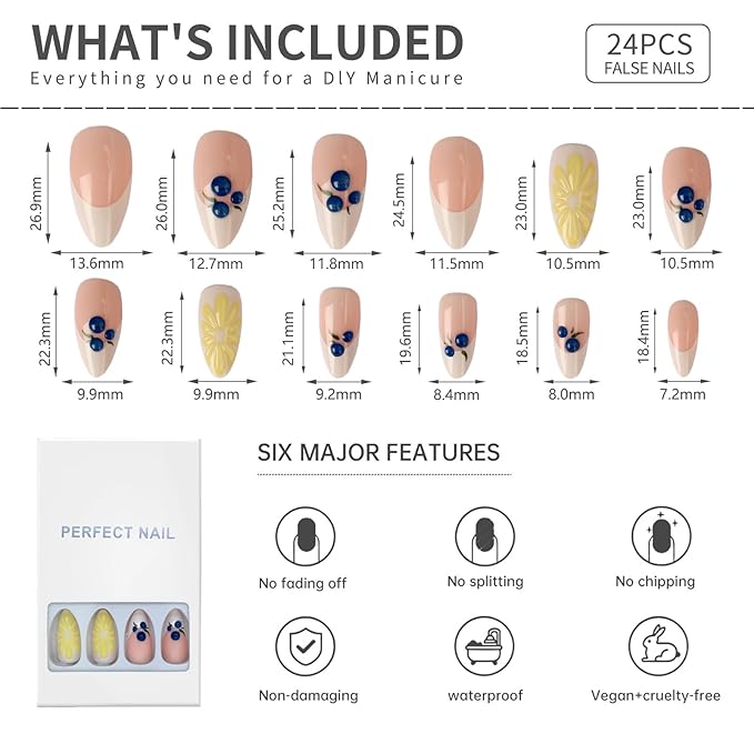 Summer Fruit 3D Press On Nails Almond Shape – Medium Length Acrylic Fake Nails with Blueberry & Lemon Art, Cute Glossy Stick On Nails for Women, Reusable DIY Nail Kit with Glue, 24PCS