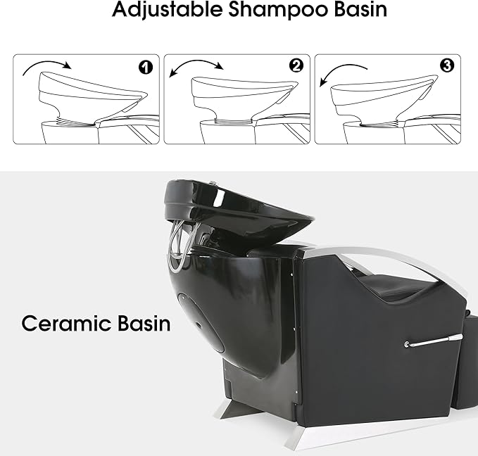 BarberPub Backwash Shampoo Station Chair Unit with Leg Rest, Adjustable Ceramic Shampoo Bowl Sink and Chair Set for Home Salon, Barbershop 9077 (Black)