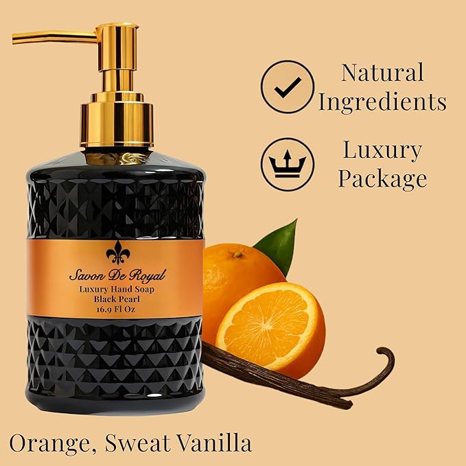 Luxury Liquid Hand Soap, Vanilla - Orange Scent, Moisturizing Vegan Kitchen & Bathroom Soap for Hand Wash, Gentle & Nourishing Formula, Refillable Bottle 16.9 Fl Oz, Black Pearl