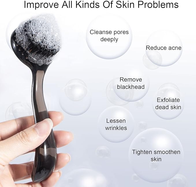 4 Pcs Handheld Face Scrubber, Facial Cleansing Brush Charcoal Black Bristles Face Exfoliator Soft Brush with Lid for Gentle Deep Cleansing and Exfoliating, Large Black+Small Purple