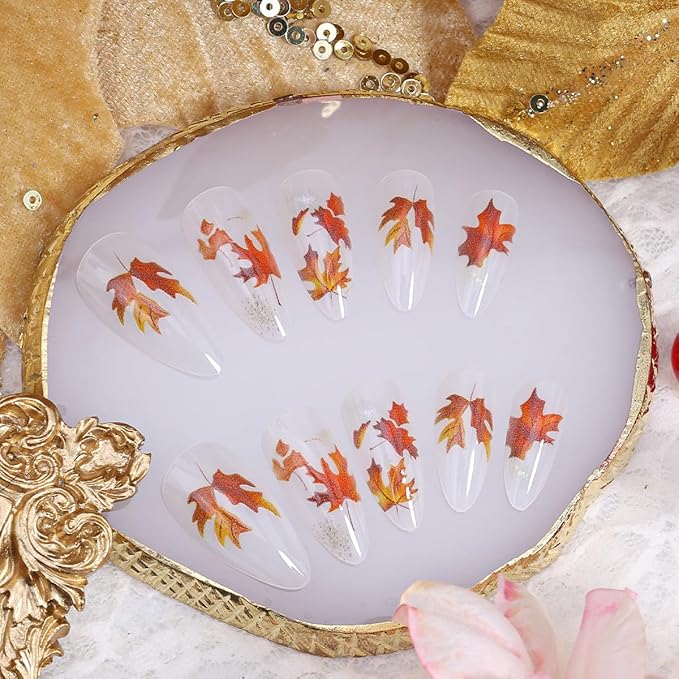 24Pcs Fall Press on Nails Almond Medium Fall Fake Nails Maple Leaves Full Cover Designs Autumn Glue on Nails Thanksgiving Acrylic Nails Glossy Reusable Artificial Stick on Nails Decoration for Women