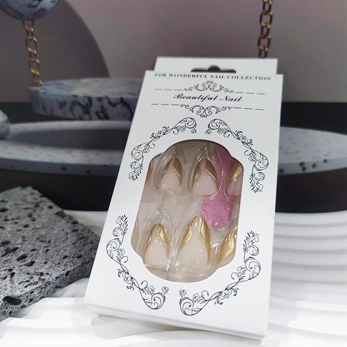 3D Gold Curve Line Press on Nails 24Pcs Irregular Lines Gel Glue on Fingernails Acrylic Full Cover Fake Nails Glossy French Tips Stick on Nail Vine Medium Almond False Nail for Holiday Manicure Art