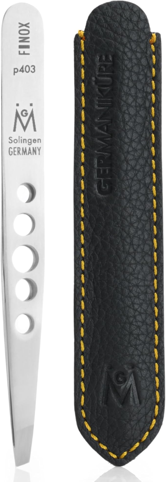 GERMANIKURE Professional Perforated Slanted Tweezers - FINOX Stainless Steel Sharp in Leather Case - Ethically Made in Solingen, Germany - 4403