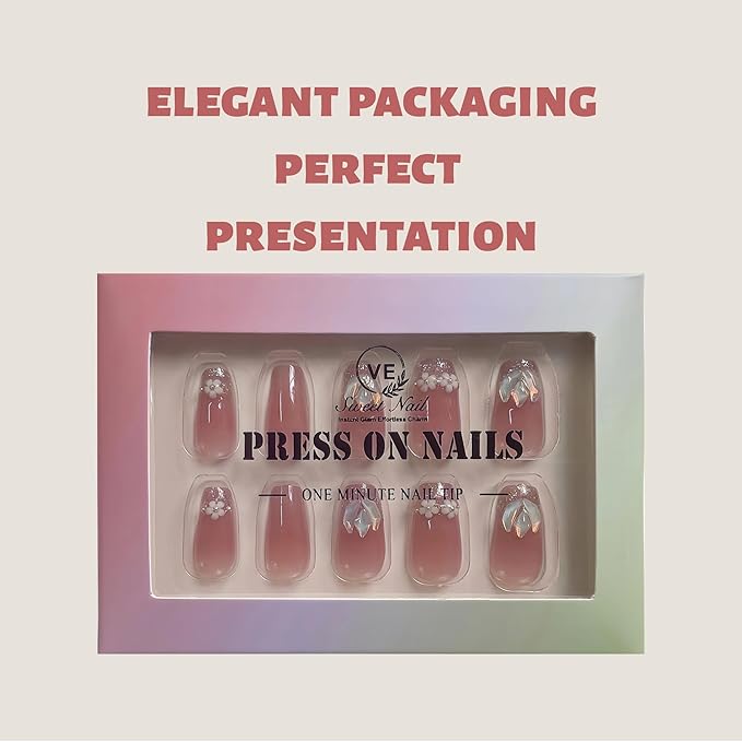Tomato Red Press on Nails 3D Flower Coffin Fake Nails Medium Length False Nails Natural Fit Stick on Nail Tips for Spring and Summer