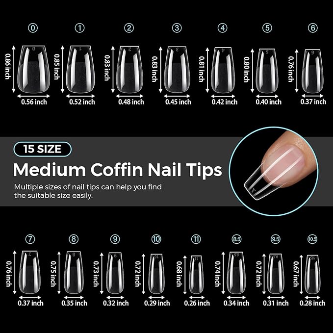 TOMICCA Medium Coffin Nail Tips Acrylic Nails 240Pcs Acrylic Nail Kit 15 Sizes Clear Nails Pre-shaped Gel Nail Tips for Nail Extensions Home DIY Salon