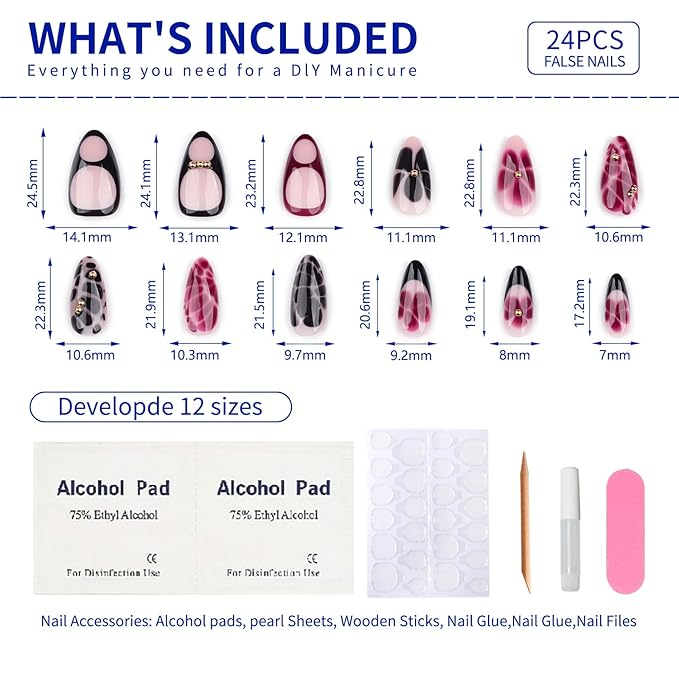 French Press On Nails Short Almond Shape, Fall Fake Nails Adorned with Black and Burgundy Petal Accents, 3D Design, Glossy Gel Finish Acrylic Nails, Natural Reusable Glue On Nails for Women