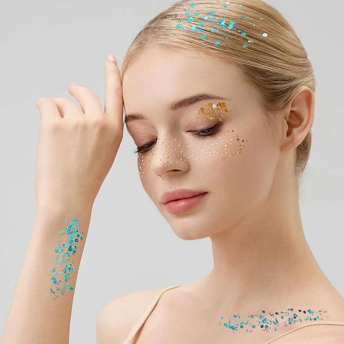 Teenitor 9 Color Face Glitter and 3 Gold Face Freckles Set - No Glue Needed Body Glitter Gel, Hair Glitter Festival Makeup for Parties, Halloween
