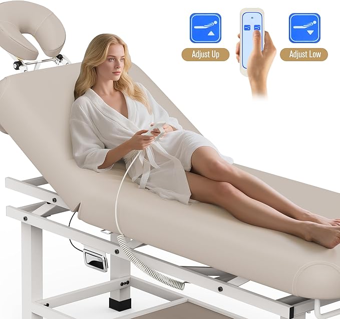 pouseayar Heavy Duty Electric Stationary Massage Table with Backrest Adjustable and Storage Space for Treatment/Medical Spa/Facial/Beauty/Massage Bed and More - 30 x 75 - Beige Gray
