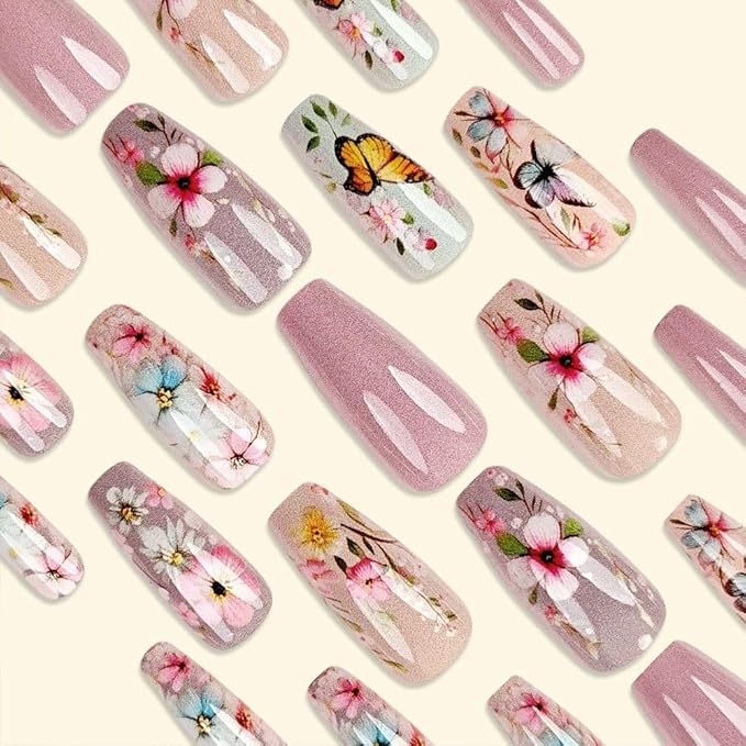 Long Coffin Press on Nails Pink False Nails with Flower Design Full Cover Nails Spring Glue on Nails for Girls