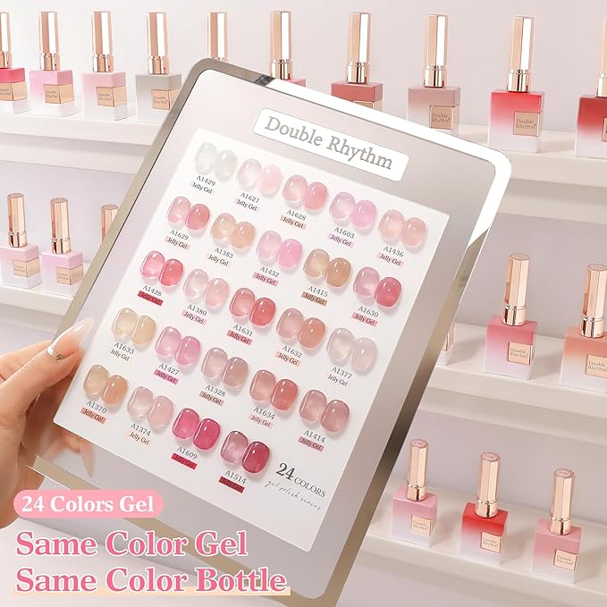 Double Rhythm 28Pcs 0.5Oz Gel Nail Polish Set Same Color Same Bottle Soak Off Gel Polish Kit Nail Art Manicure Salon DIY at Home for Women (Jelly Sheer Clear Collection-T24-8)