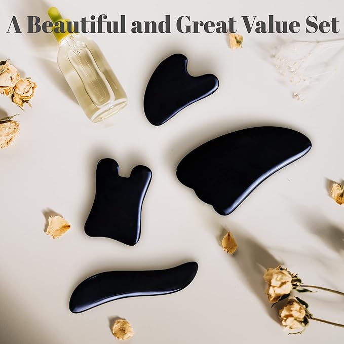 Rena Chris Guasha Massage Tool, 4 Pcs Gua Sha Facial Tool, Guasha Board for SPA Acupuncture Therapy Trigger Point Treatment, Gua Sha Scraping Massage Tool（Black）