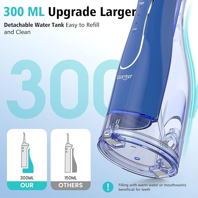 Leominor Water Dental Flosser Pick for Teeth, 300ML Portable Oral Irrigator Upgraded Tank Removable,IPX7 Waterproof, Rechargeable Travel Teeth Cleaner, Professional Electric Flossing(Dark Blue)