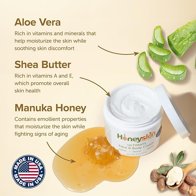 Hydrating Face Moisturizer & Body Cream with Manuka Honey Cream - Organic Face Moisturizer with Honey for Extremely Dry Skin - for Dry & Itchy Skin, Rosacea & Eczema Prone Skin 4oz